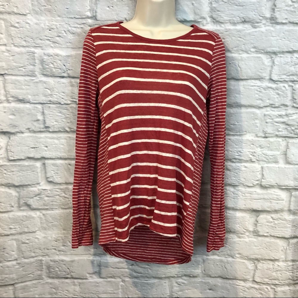 Vince Striped Linen Red & Cream Long Sleeve Top - Picture 2 of 8